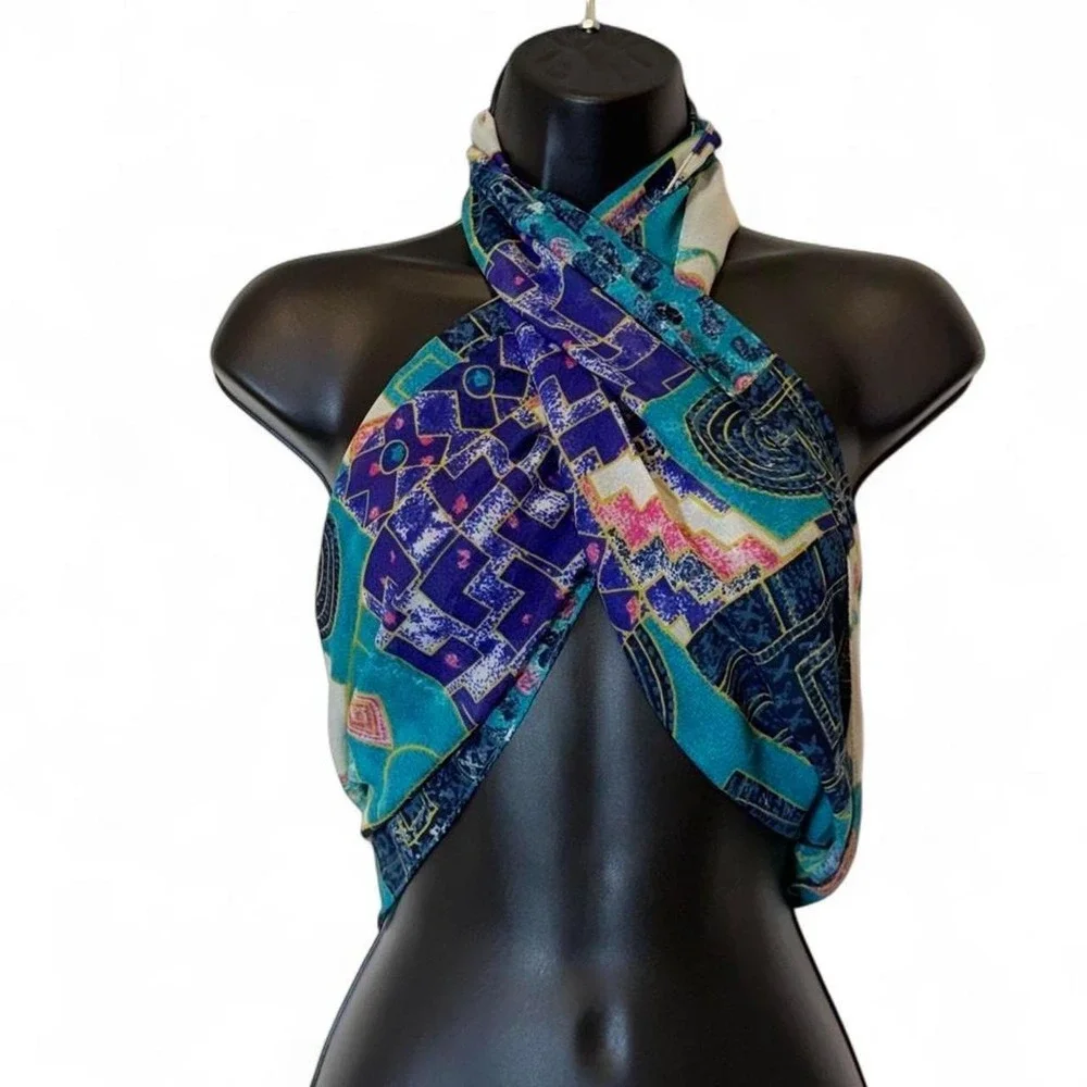 Vintage 90s Whimsigoth Teal Abstract Geometric Patchwork Frayed Raw Edge Scarf